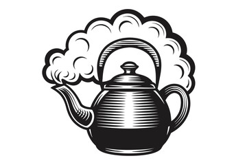 Steaming Kettle with Retro Woodcut Style on White Background