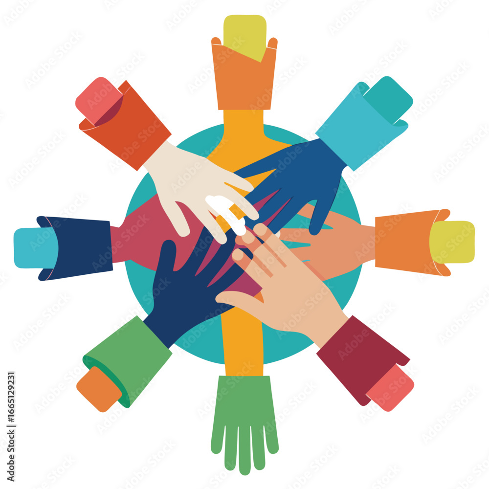 Poster diverse hands uniting in a circle for global teamwork and collaboration, a symbol of unity and partn