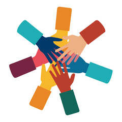 Vibrant teamwork symbol displaying diverse hands joining together, representing unity and collaboration for global success in business, projects, and community initiatives
