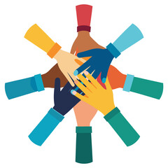 Diverse team hands together symbolizing unity and collaboration, fostering innovation and trust for strong partnership, teamwork across cultures and ethnicities, celebrating success