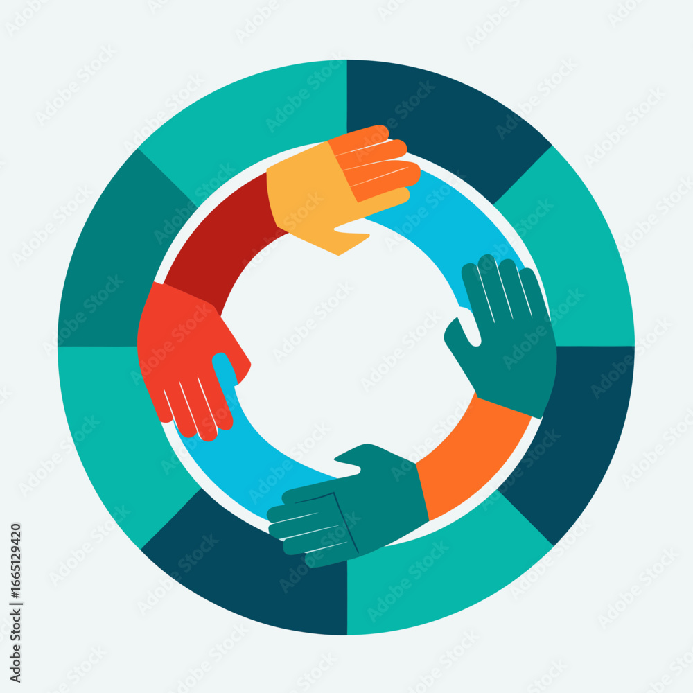 Poster diverse hands unite in colorful circle symbolizing teamwork collaboration and collective success fos