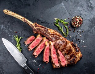 A juicy tomahawk steak is perfectly sliced and ready to be served.