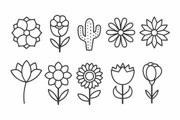 Flower and Plant Line Art Icons Set  Minimalist Botanical Vector Illustration