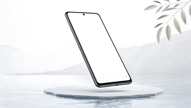 A minimal, modern smart phone on a white stand with a clean, bright backdrop