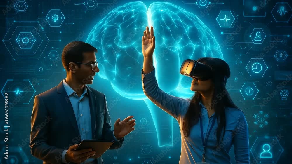 Poster business professionals engaging with virtual reality and brain-computer interface for innovative tec