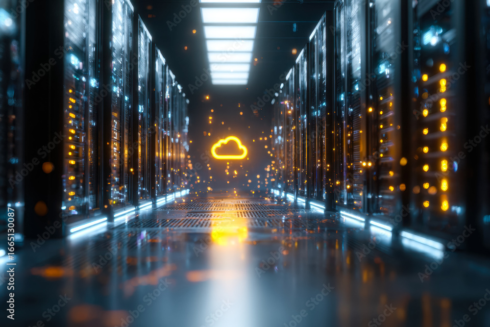 Aufkleber modern data center with illuminated cloud storage icon and glowing server racks