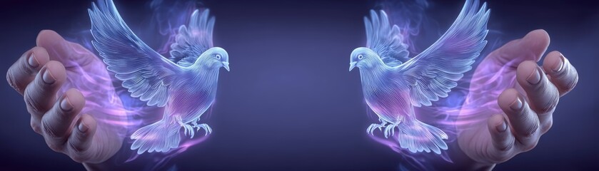 Obraz premium Hands holding glowing AI holographic peace doves, symbolizing hope and innovation in a digital age, Robert E Lee's Birthday with AI