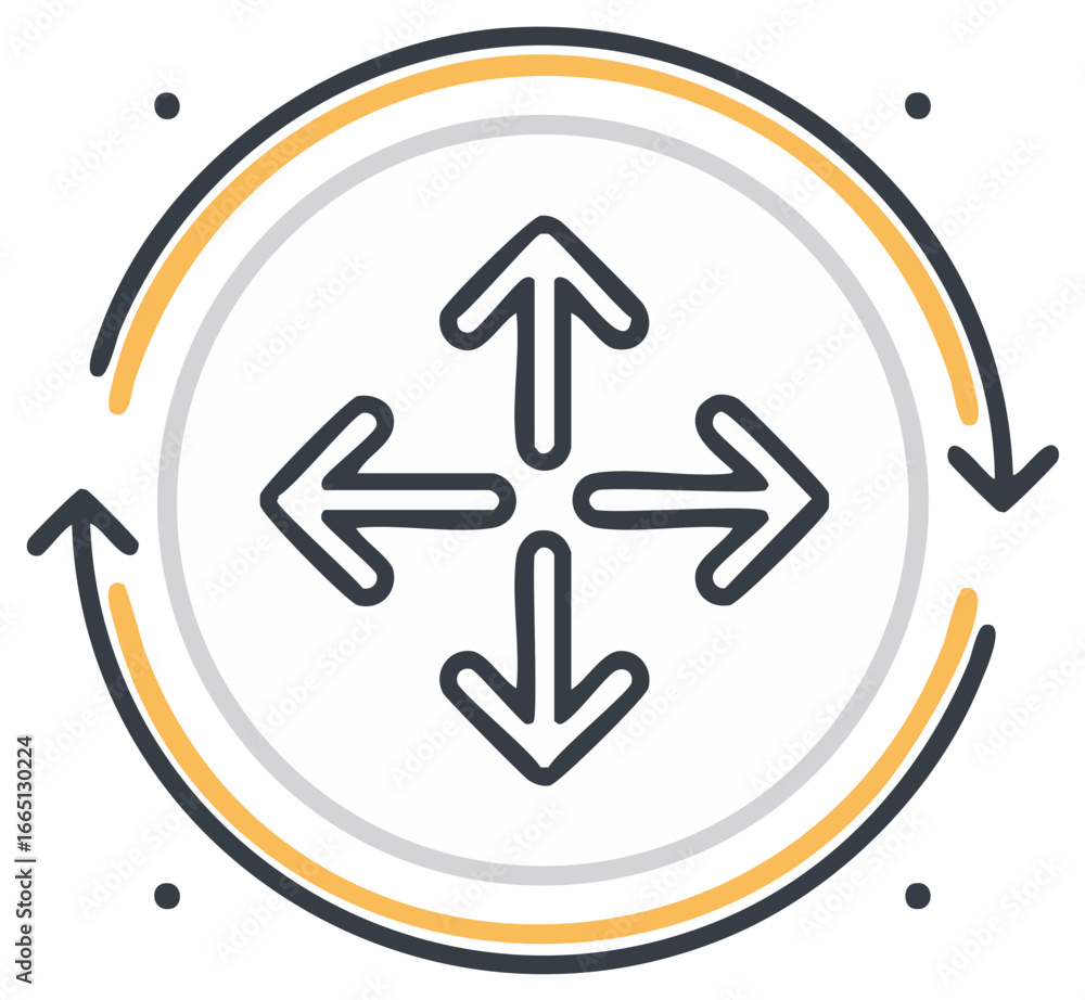 Poster modern outline icon of four directional arrows inside a circular rotation process