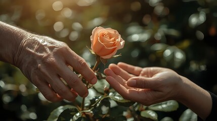Elderly caregiver guiding youthful hand to touch vibrant rose petals, symbolizing healing, human connection, and compassionate care