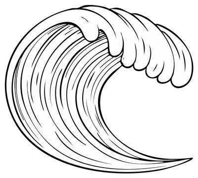 Stylized black and white line art illustration of a powerful curling ocean wave with breaking crest