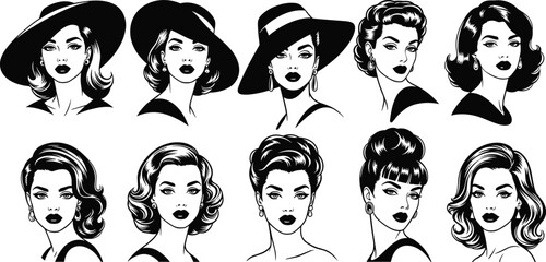 Elegant woman vector pack, fashion silhouettes, retro portraits, vintage beauty, classic hairstyles, hat illustrations, chic icons
