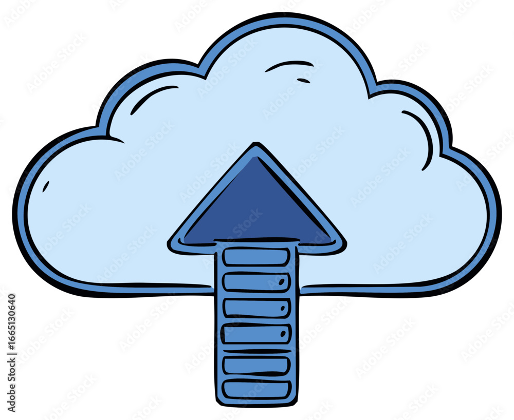 Poster cloud storage upload icon illustration, data center server and arrow for sharing and transferring fi