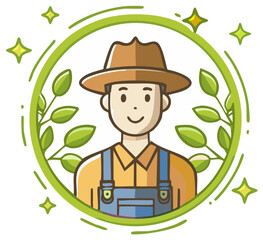 Friendly farmer cartoon avatar, wearing a hat, overalls and surrounded by leaves.