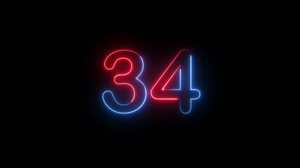 Number 34 text icon animation glowing neon red and blue color digit countdown anniversary template sign symbol on black background