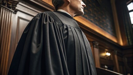 Naklejka premium The focus is on a judge's black robe inside a historic courtroom setting.