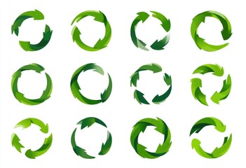 Twelve vibrant green circular arrows, each uniquely styled, representing recycling or continuous processes.  Variations in arrow shape, shading, and density create visual diversity