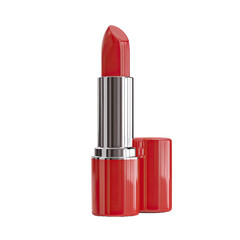 Bright red lipstick in a silver tube with cap, isolated on black