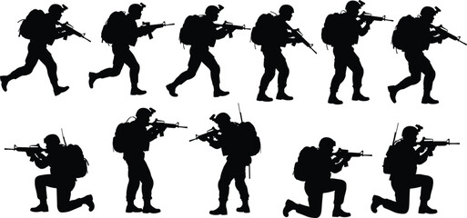 Soldier silhouettes collection, military icons, black pictograms, war symbols, vector set, army graphics, tactical poses, combat illustrations