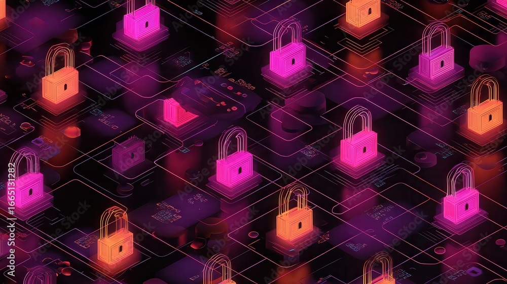Poster illustration of a secure tech network featuring multiple digital padlocks, symbolizing data protecti