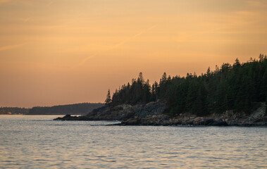 Peach Sunset Colors Over Arm of Tree Covered Rocks