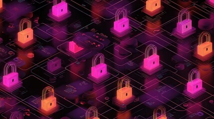 Illustration of a secure tech network featuring multiple digital padlocks, symbolizing data protection, cybersecurity, and safe cyberspace in a modern tech design.