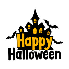 Spooky Season Greetings, Happy Halloween with Haunted House Silhouette and Bats Against a Transparent Background for Celebration