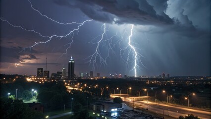 Powerful lightning bolts electrify the night sky over a vibrant city