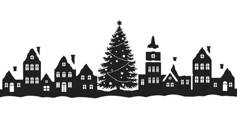 Fototapeta premium Christmas Town with Decorated Tree and Buildings Silhouette Vector illustration.