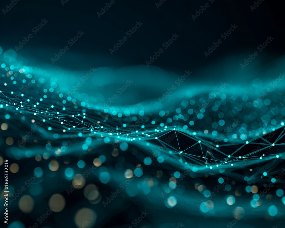 Poster digital network visualization with interconnected glowing points and shimmering data waves