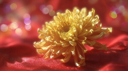 A vibrant yellow chrysanthemum with intricate petals stands out against a red silky fabric backdrop,