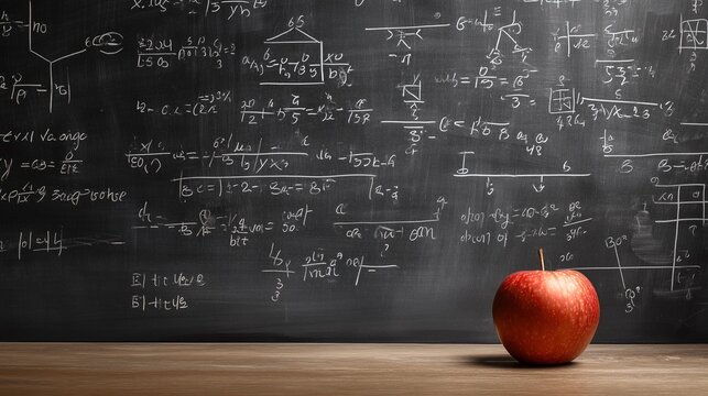 Blackboard with mathematical formulas and red apple on wooden desk