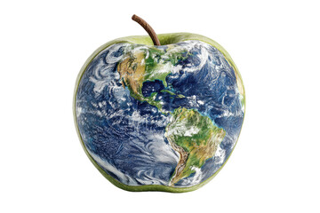 A green apple with a detailed image of Earth inside