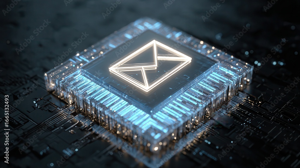 Poster square circuit button hologram with glowing email icon on a dark background, representing digital te