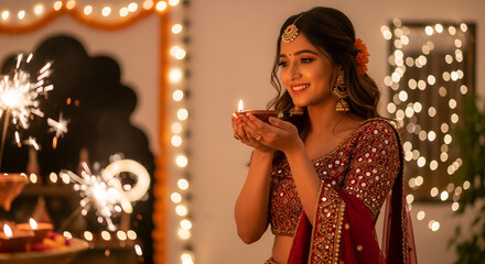 Diwali Celebration: Woman in Festive Attire with Diya