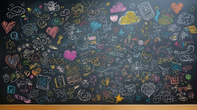 Colorful chalk doodles on blackboard with hearts, stars, and clouds - Powered by Adobe