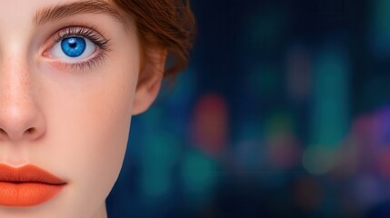 A close-up portrait showcases a woman's half face featu striking blue eyes and coral lipstick against a blurred background of vibrant teal and orange data visualizations
