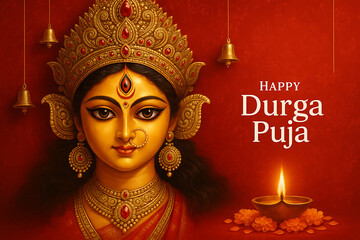 Elegant goddess durga face illustration on red background with golden crown ornaments diya and bells for festive durga puja