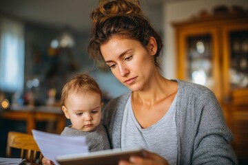 Young mother paying bills online on tablet while holding baby, focused and calm, sitting at home kitchen table with paperwork and digital device