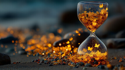 Meditation Hourglass with Floating Symbols, Glowing Light, Stress Management Visualization