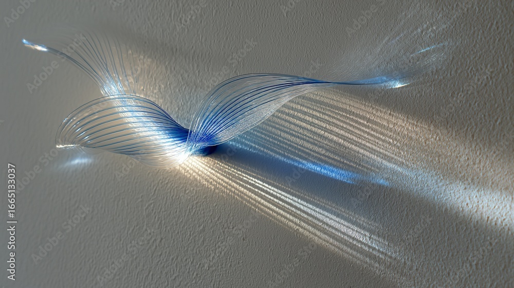 Poster caustic light patterns from blue glass object create abstract reflections on textured white wall, ev