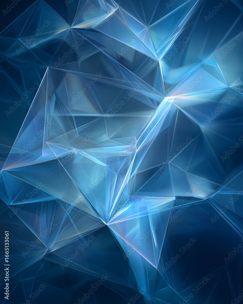 Poster abstract geometric crystalline network structure with sharp blue polygonal shapes, transparent facet