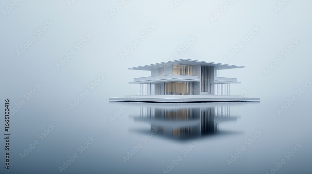 Poster modern white architecture model floating in soft mist, minimalistic building with glass windows, ser