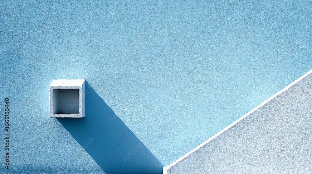 Poster minimalist blue wall with small white architectural form casting soft linear shadow, geometric shape