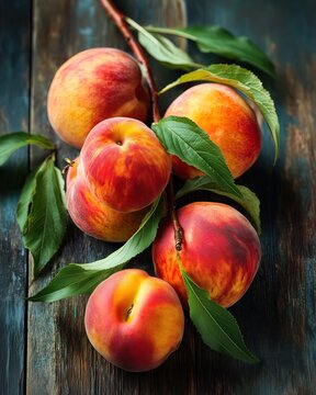 Fresh juicy peaches with leaves on rustic wooden surface