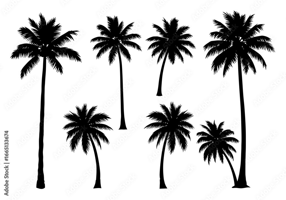 Poster seven palm tree silhouettes with varying heights and trunk shapes in a vector graphic image