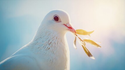 A white dove carrying an olive branch symbolizes peace and harmony,