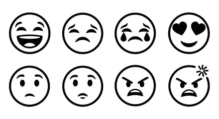 Doodle Emoji face icon set. Hand drawn sketch style. Emoji with different emotion mood, happy, sad, smile face. Comic line art vector illustration.