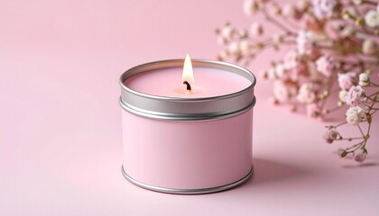 Lit pink candle in silver container surrounded by flowers on soft pink surface.