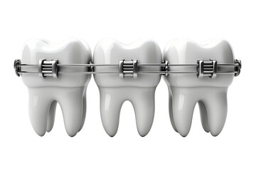 Close-up 3d render of metal dental braces on lower teeth, orthodontics and teeth straightening concept