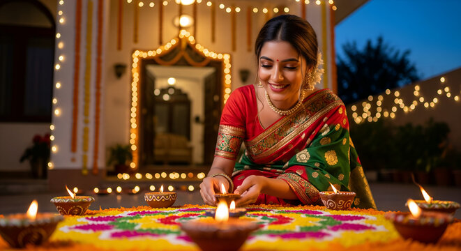 Diwali Celebration: Woman Lighting Diyas on Rangoli
